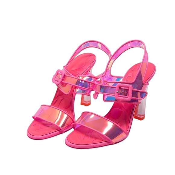 NEW Christian Louboutin Loubi Duniss 100 Neon Pink PVC Clear Sandal Heels 38 - Picture 3 of 13